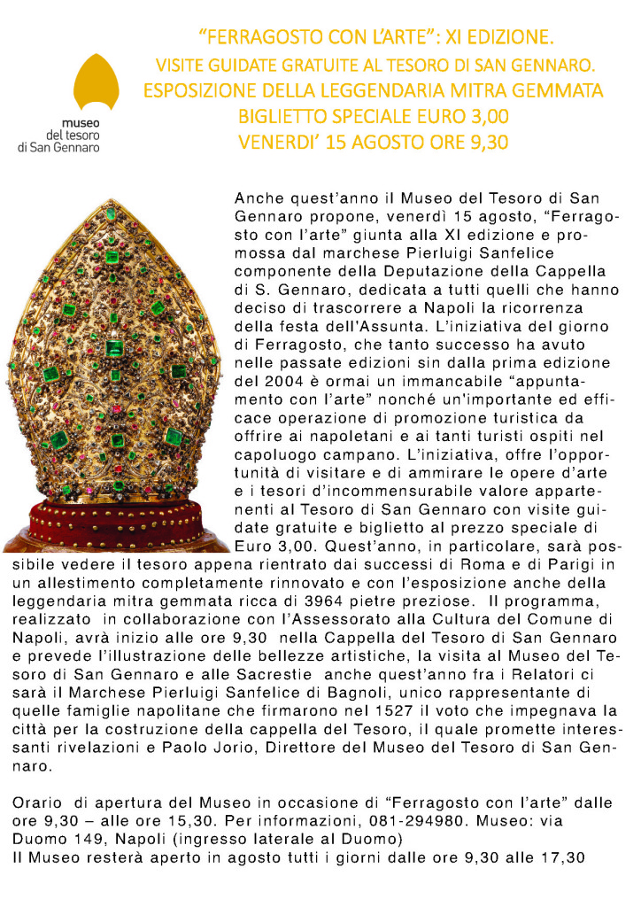 “Ferragosto con l’arte”: visite guidate gratuite al tesoro di San Gennaro. esposizione della leggendaria mitra gemmata